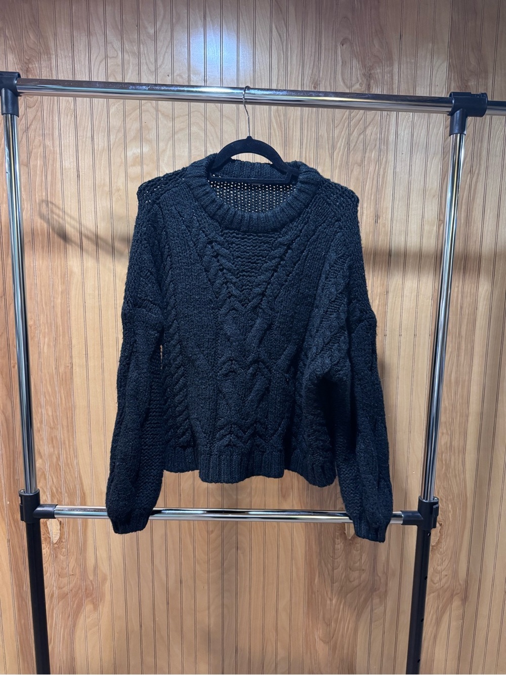 aerie Black Cable-Knit Crewneck Sweater